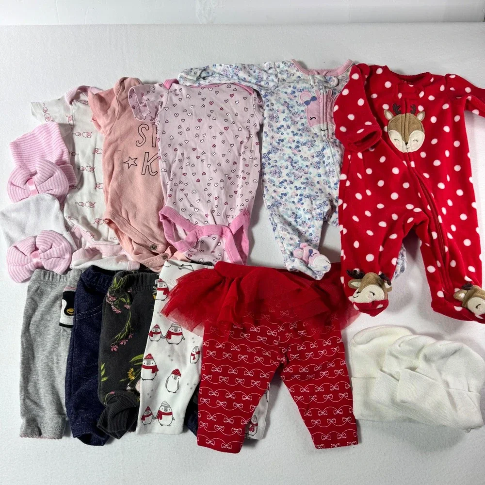 Baby Girl Clothing Lot Sleepers Bodysuits Leggings Hats Pink Red Blue Mixed Set